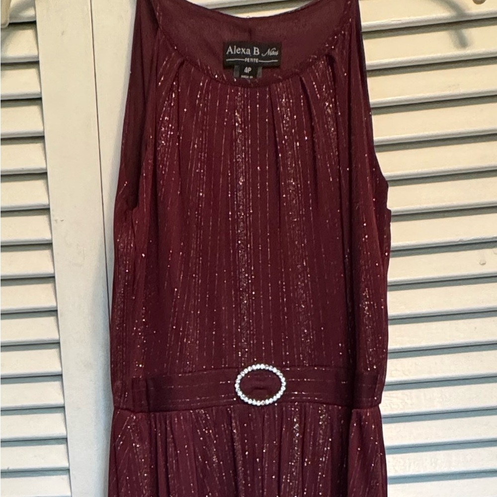 Sparkling Burgundy Evening Gown with Rhinestone Belt